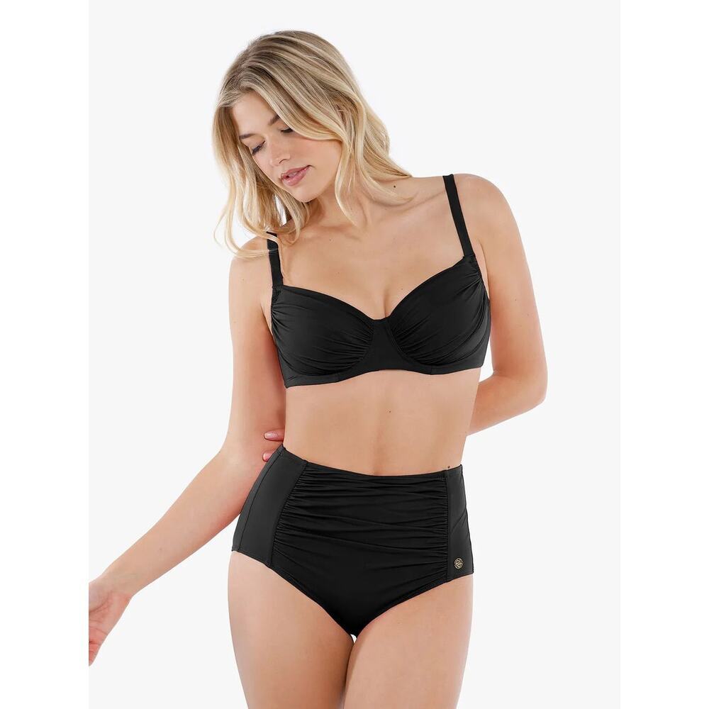 Popilush High-Waisted‎ Ruched Shaping Swim Bottoms Black Size Medium VIRAL NEW
